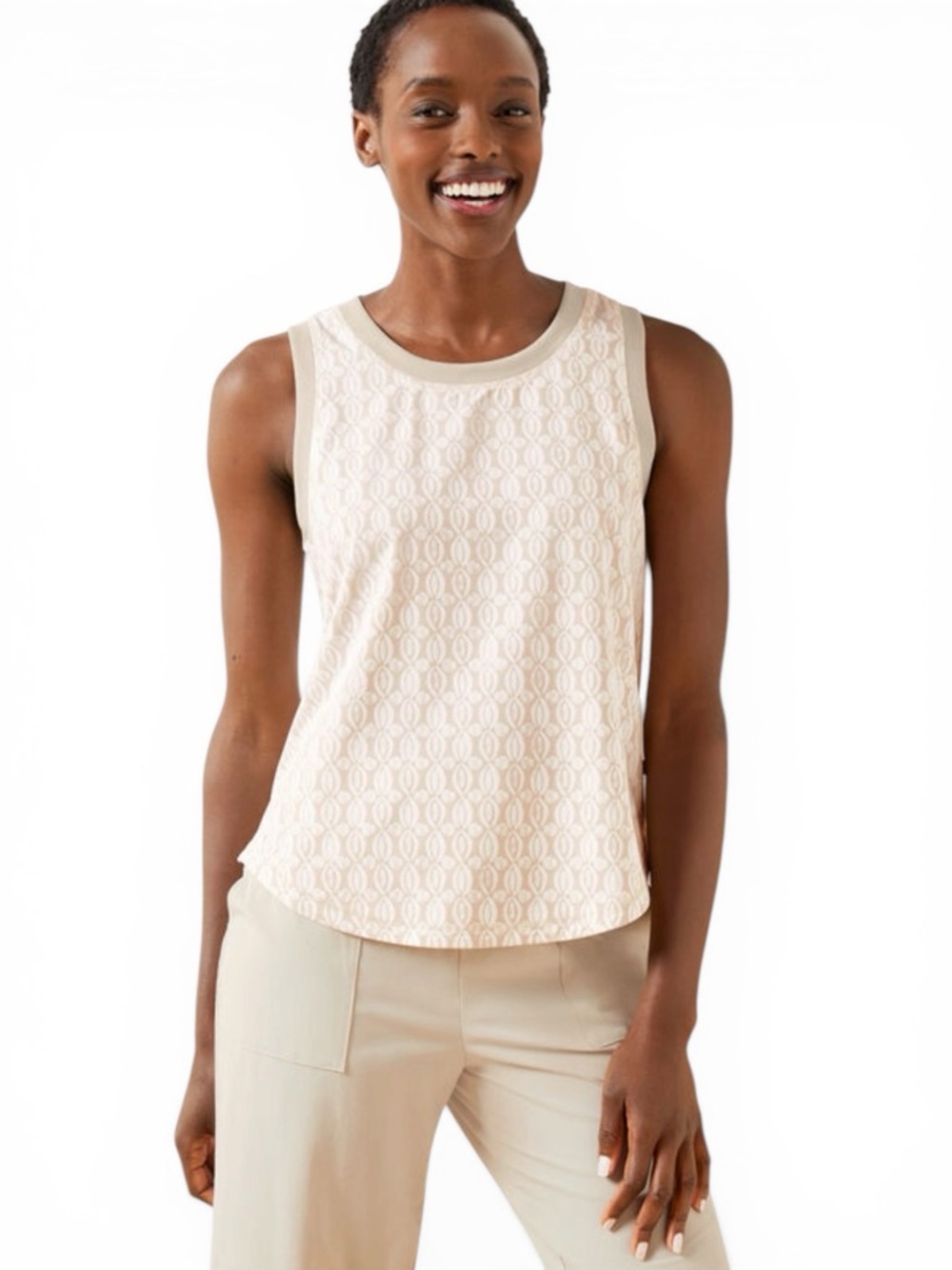 Talbots T Tank Top L Off White Tan Geo Print Sleeveless Stretch UPF 50+